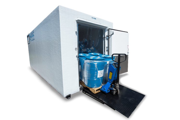 Large white commercial refrigeration unit with blue barrels